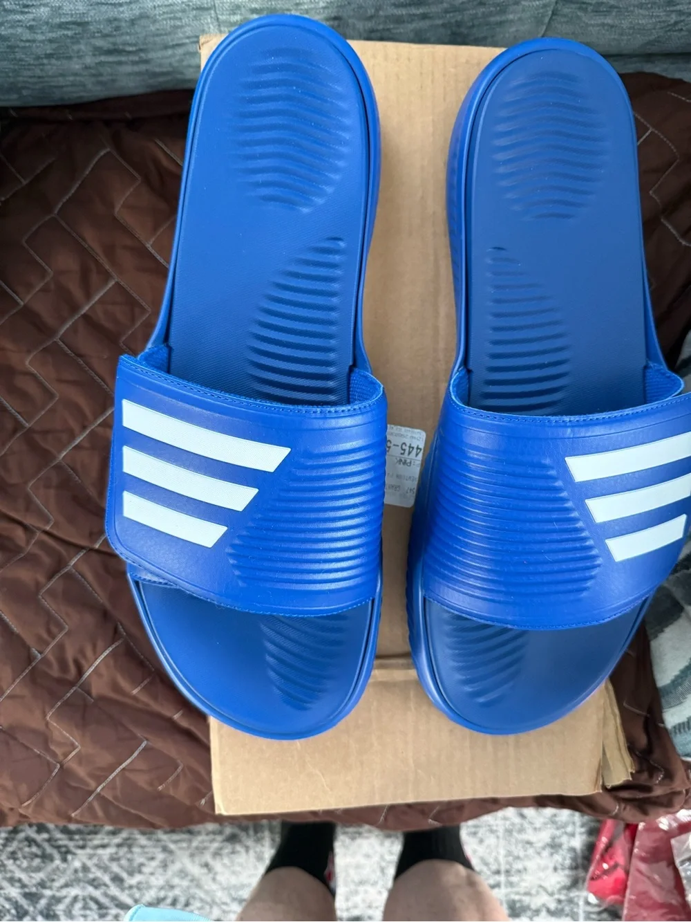 adidas Blue Slide Sandals with White Stripes